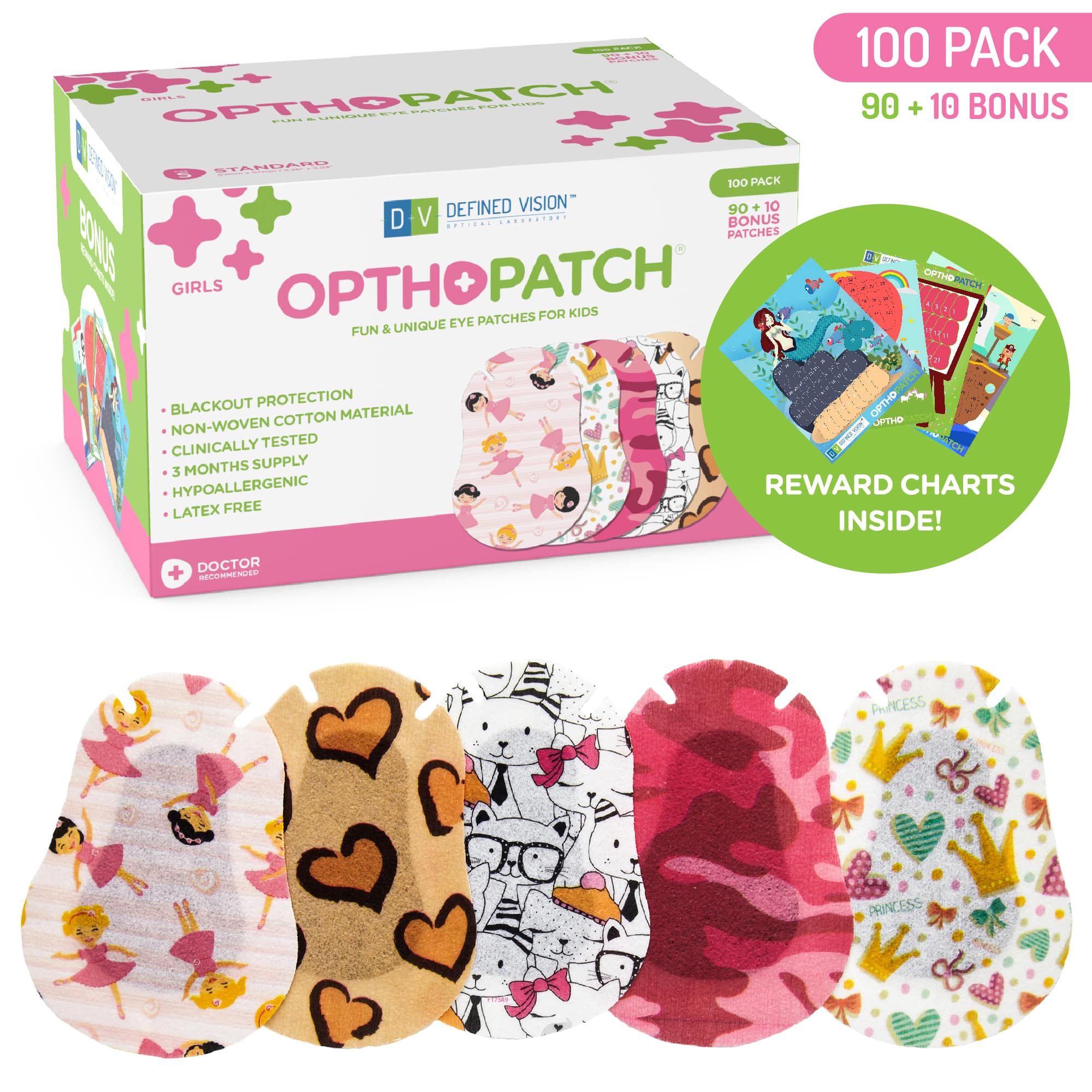 Childrens Extra Sensitive Adhesive Eye Patch Girls 100 Pack Series I + 3 Reward Chart Posters
