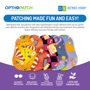 Opthopatch Kids Eye Patches with Extra Hypoallergenic Acrylic Adhesive, 40 Breathable Patches for Amblyopia & Lazy Eye, Fun Boy-Friendly Designs, Includes 1 Rewards Chart by Defined Vision