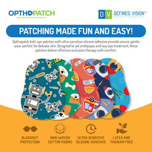 Opthopatch Eye Patches for Kids with Ultra Sensitive Silicone Adhesive, 100 Hypoallergenic Patches for Amblyopia & Lazy Eye, Cool Boy-Friendly Designs, Includes 3 Rewards Chart by Defined Vision