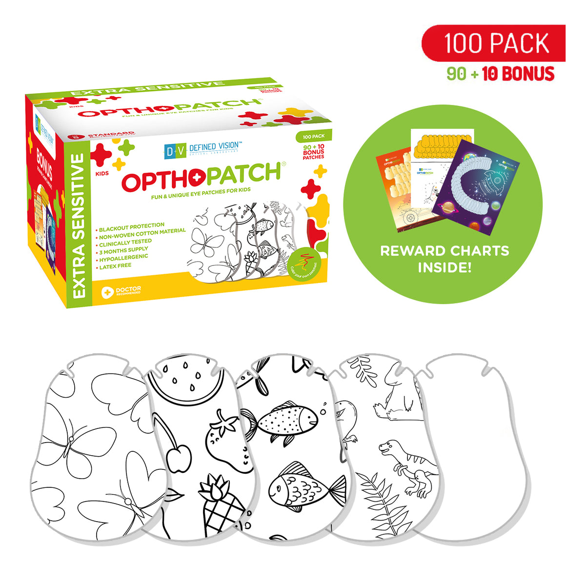 Color Your Own Patch | Extra Sensitive Adhesive Eye Patches for Boys and Girls 100 Pack + 3 Reward Chart Posters