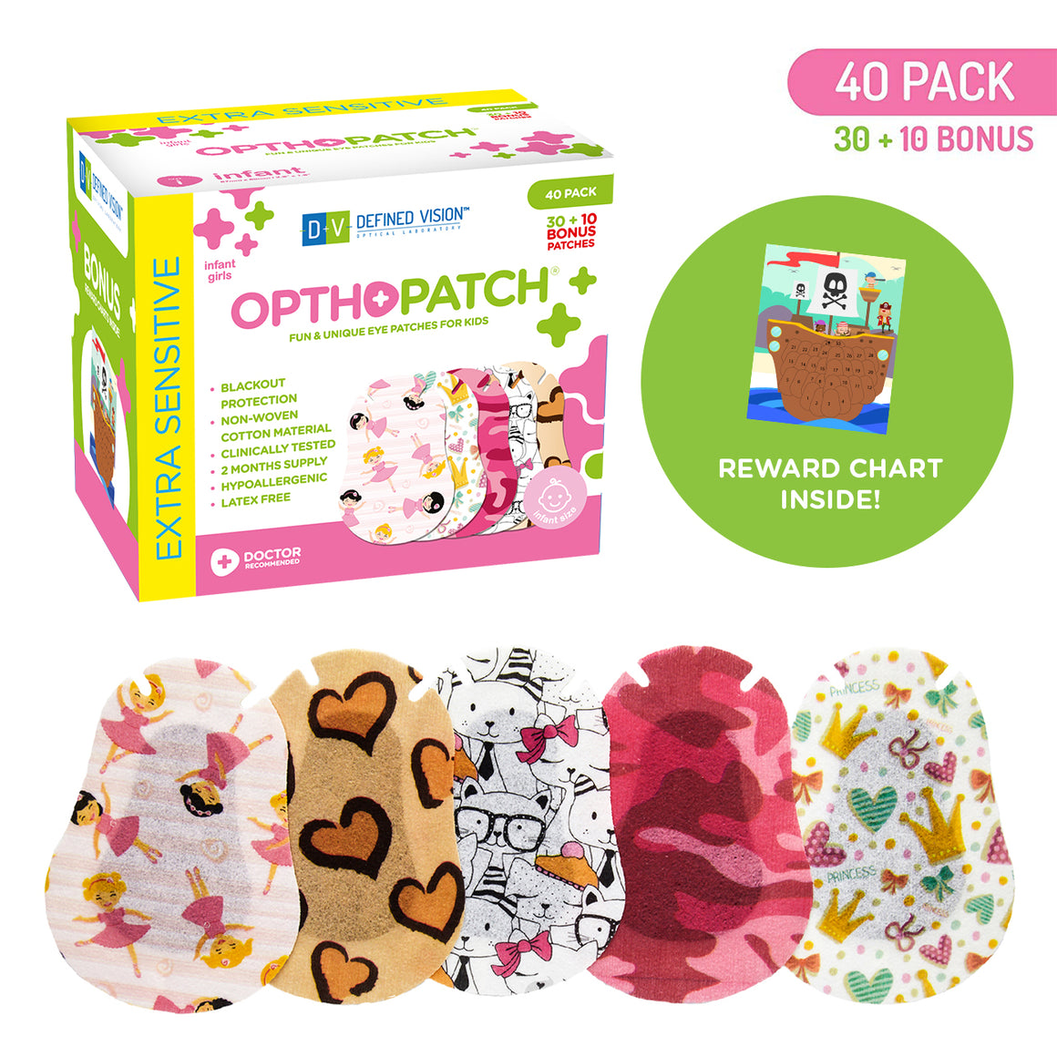 Infants Extra Sensitive Adhesive Eye Patch Girls 40 Pack Series I + Reward Chart Poster
