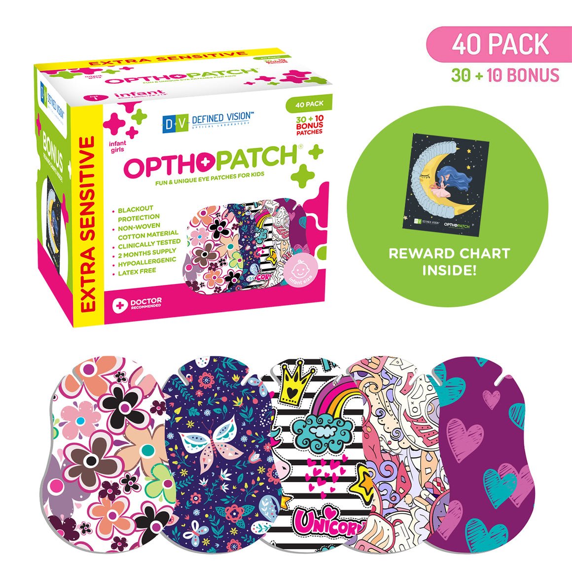 Infants Extra Sensitive Adhesive Eye Patch Girls 40 Pack Series II + Reward Chart Poster