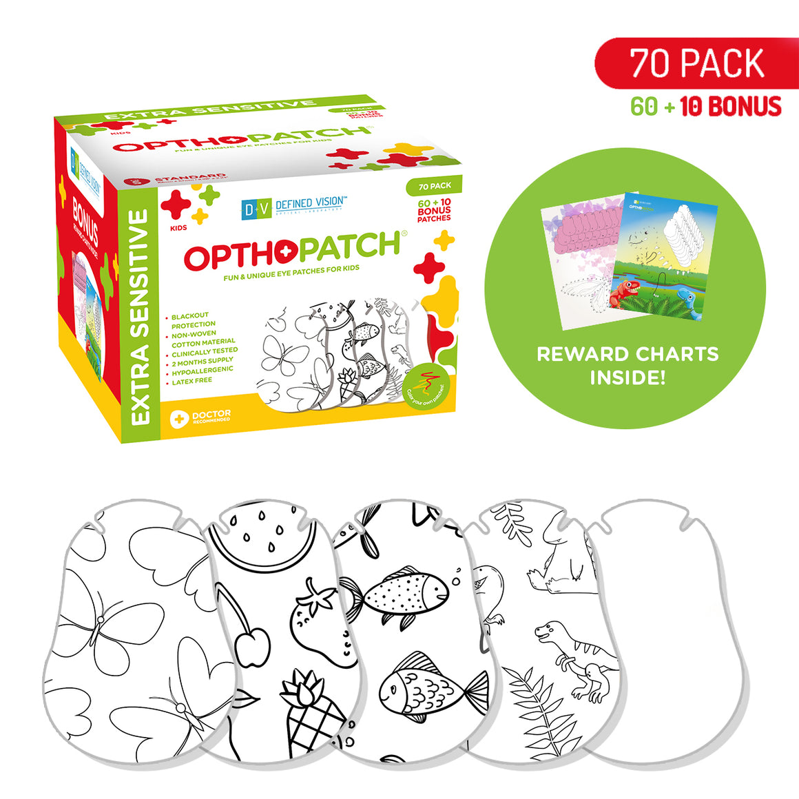 Color Your Own Patch | Extra Sensitive Adhesive Eye Patches for Boys and Girls 70 Pack + Reward Chart Posters