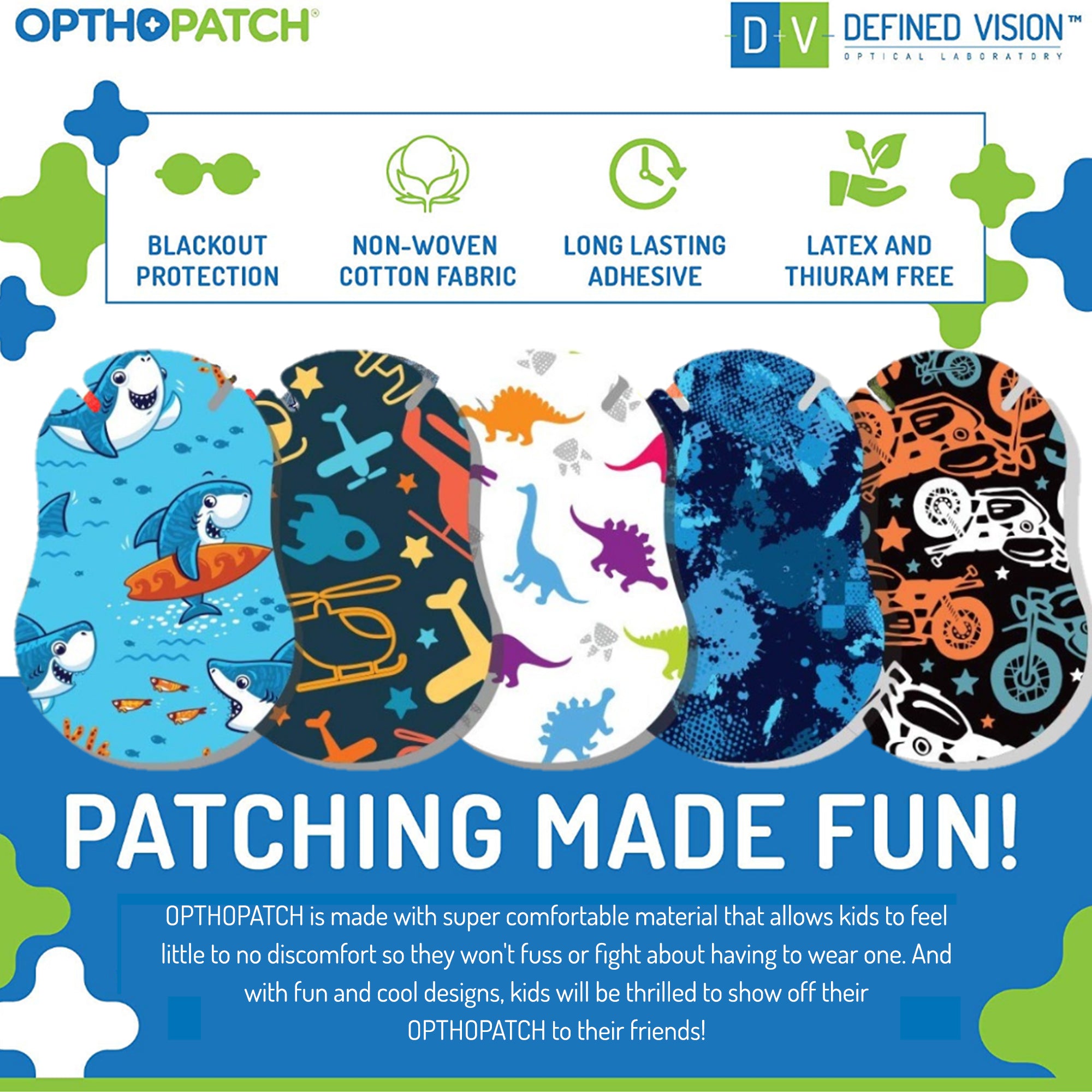 Opthopatch Extra Sensitive Adhesive Eye Patch for Infants with Boys Design + Reward Charts Included