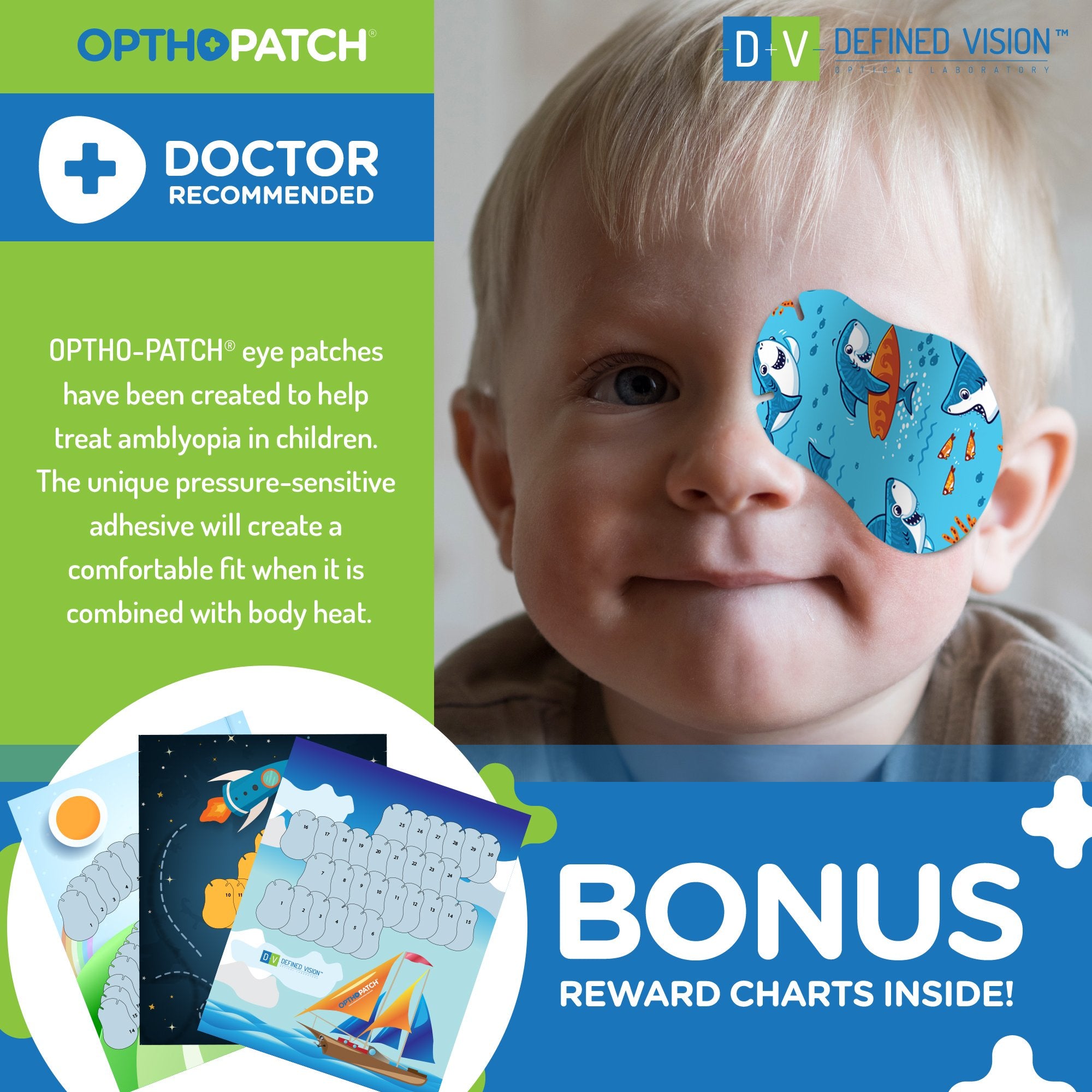 Childrens Extra Sensitive Adhesive Eye Patch Boys 40 Pack  Series II + Rewards Chart Poster