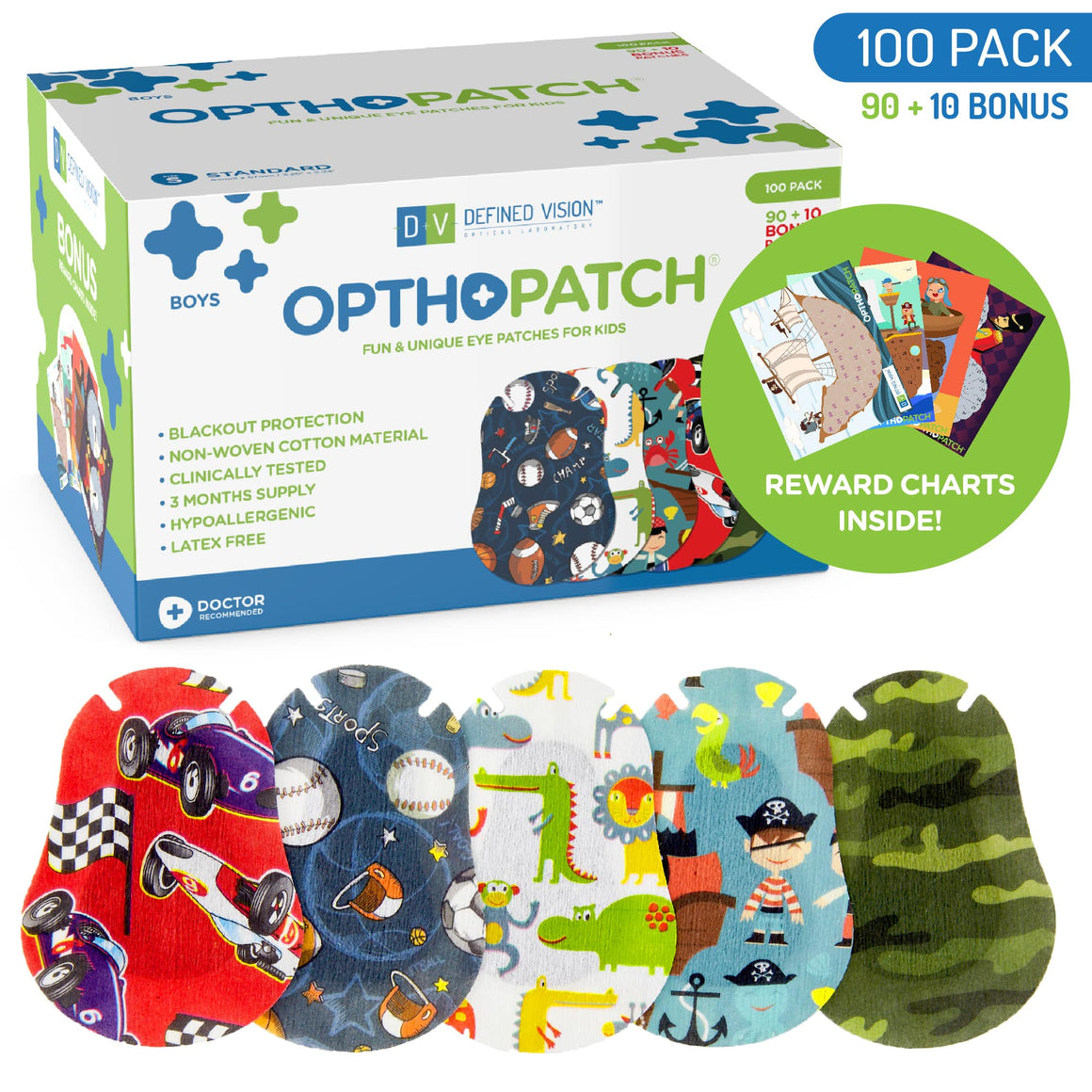 Childrens Extra Sensitive Adhesive Eye Patch Boys 100 Pack  Series I + 3 Reward Chart Posters