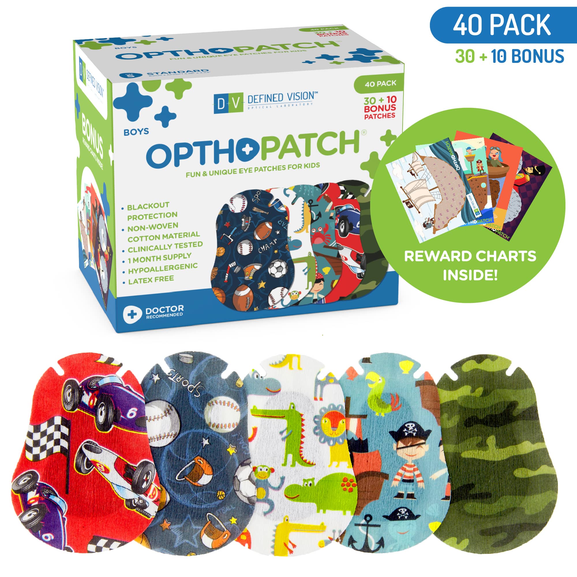 Childrens Extra Sensitive Adhesive Eye Patch Boys 40 Pack  Series I + Rewards Chart Poster