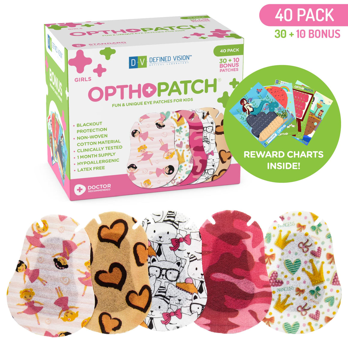 Childrens Extra Sensitive Adhesive Eye Patch Girls 40 Pack Series I + Rewards Chart Poster