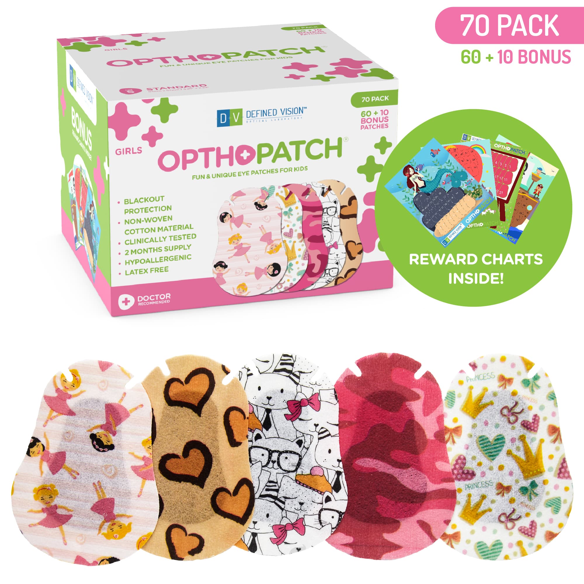 Childrens Extra Sensitive Adhesive Eye Patch Girls 70 Pack Series I + Rewards Chart Posters