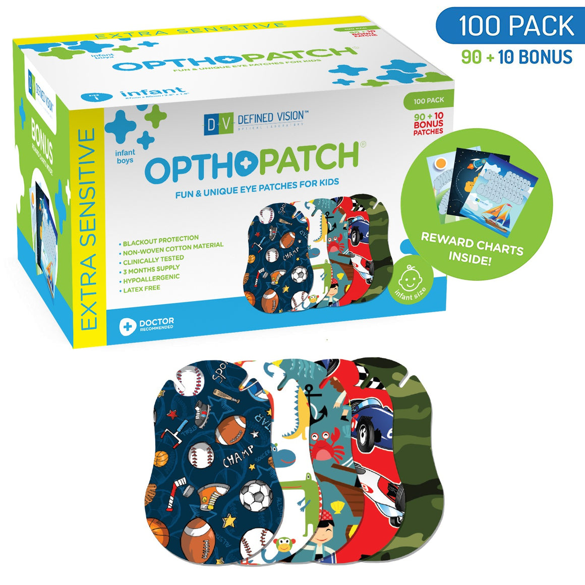 Infants Extra Sensitive Adhesive Eye Patch Boys 100 Pack Series I + 3 Reward Chart Posters