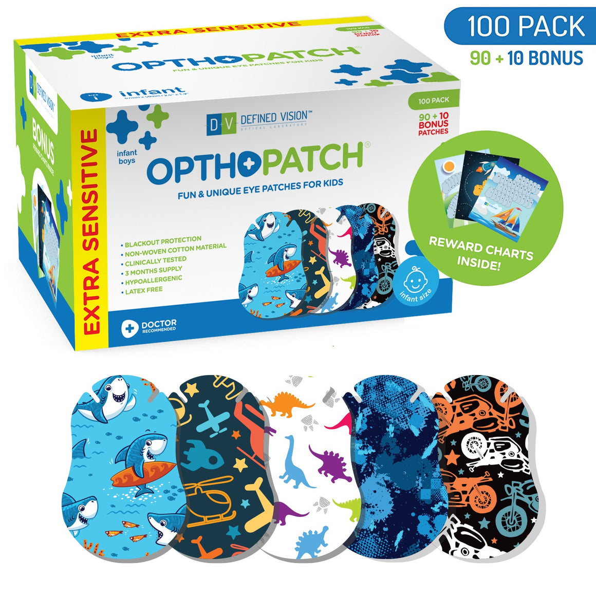 Infants Extra Sensitive Adhesive Eye Patch Boys 100 Pack Series II + 3 Reward Chart Posters