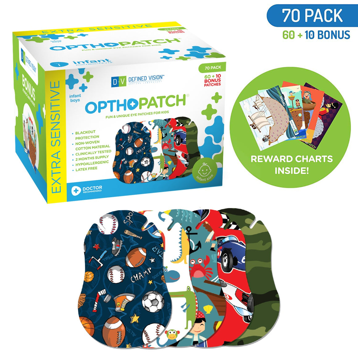 Infants Extra Sensitive Adhesive Eye Patch Boys 70 Pack Series I + Rewards Chart Posters