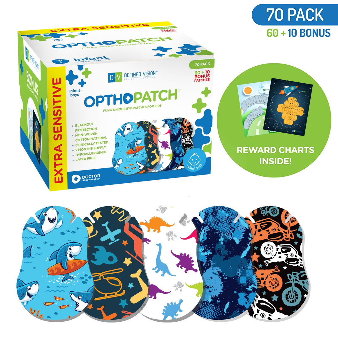 Infants Extra Sensitive Adhesive Eye Patch Boys 70 Pack Series II + Rewards Chart Posters