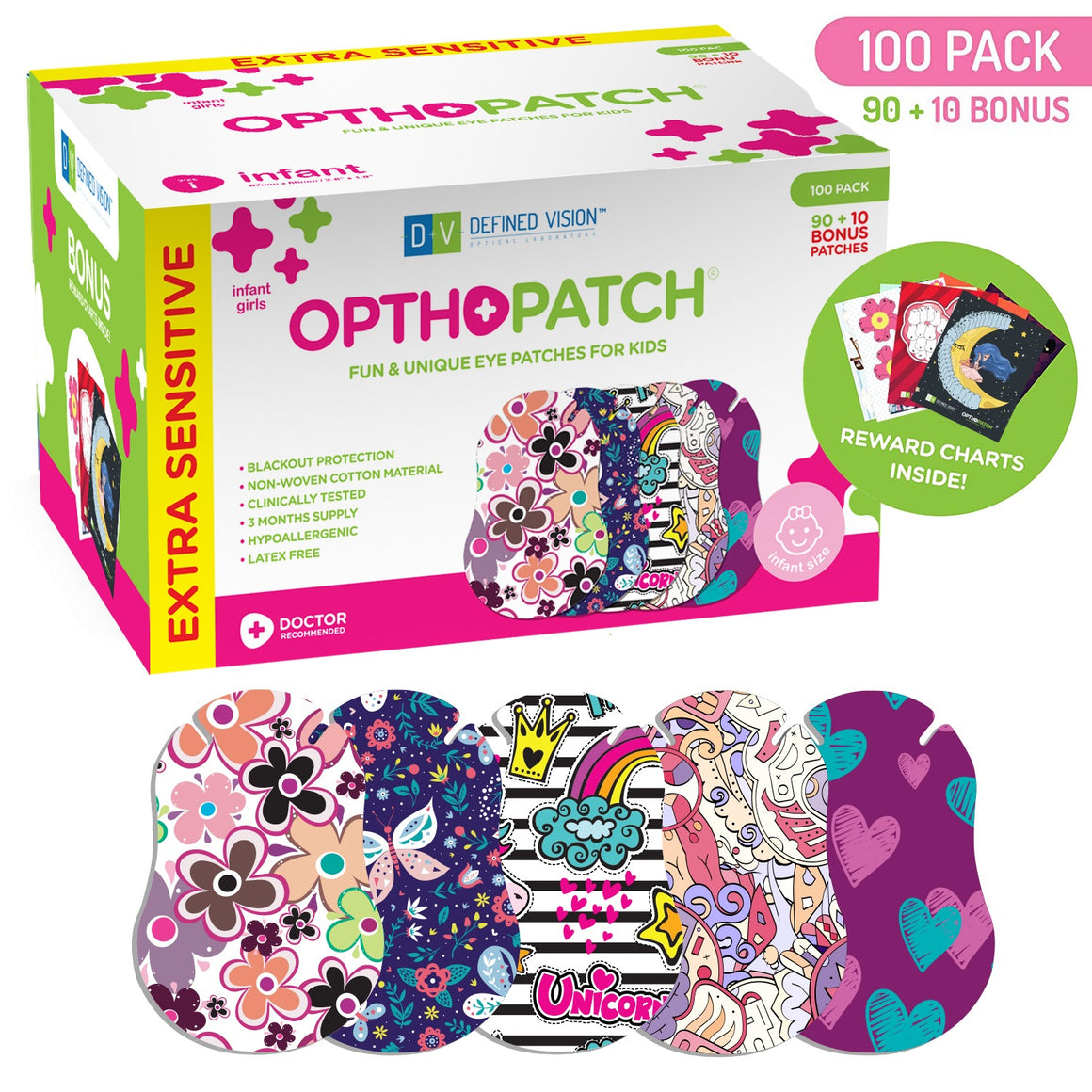 Infants Extra Sensitive Adhesive Eye Patch Girls 100 Pack Series II + 3 Reward Chart Posters