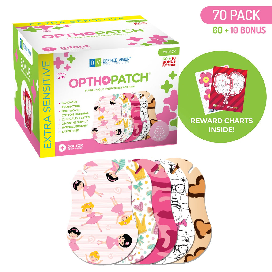 Infants Extra Sensitive Adhesive Eye Patch Girls 70 Pack Series I + Rewards Chart Posters