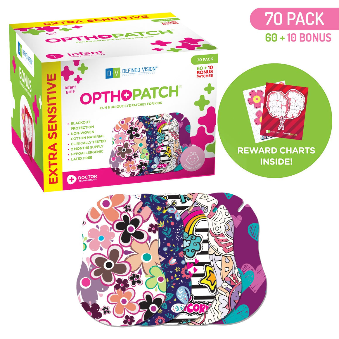 Infants Extra Sensitive Adhesive Eye Patch Girls 70 Pack Series II + Rewards Chart Posters